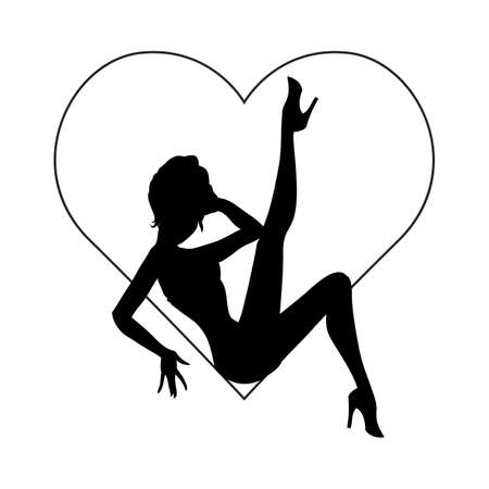 Vector silhouette of sexy pin-up girl sitting in heart shape frame, isolated on white, Valentine theme illustrationのイラスト素材