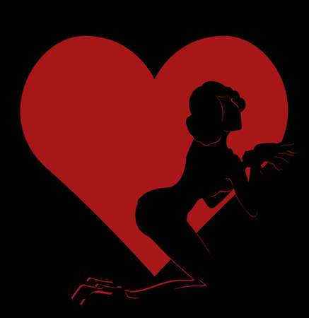 Vector black silhouette of sexy pin-up girl in red heart frame on black background, Valentine theme illustrationのイラスト素材