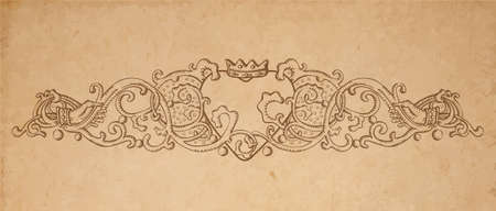 Vintage old paper texture with vector vignette with Medieval ornament, hand drawn floral decoration with crowned heart holded by handsのイラスト素材
