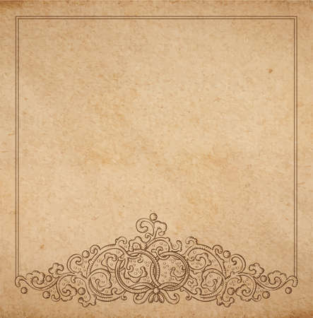 Vintage old paper texture with vector vignette with Medieval ornament, hand drawn floral decorative frame with wedding rings, copy space emblemのイラスト素材