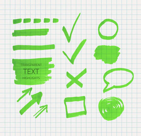 Vector set of transparent highlighter marks, green color on school checked paperのイラスト素材