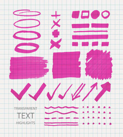 Vector set of transparent highlighter marks, pink color on school checked paperのイラスト素材
