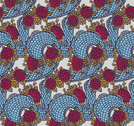 Vector seamless dragon and roses texture - traditional asian chinese and japanese ornament, ready to...