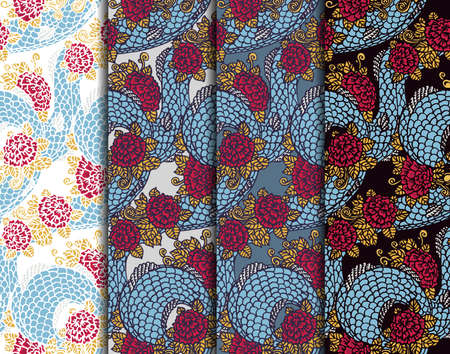 set of seamless dragon and roses textures のイラスト素材