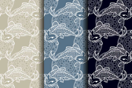 Vector set of seamless pattern with japanese carps koi - symbol of luck, love and independenceのイラスト素材