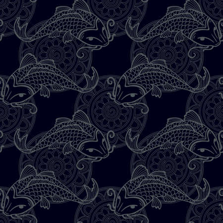 Vector seamless pattern with japanese carps koi - symbol of luck, love and independence - dark blue and blackのイラスト素材