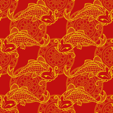 Vector seamless red and yellow pattern with japanese carps koi - symbol of luck, love and independenceのイラスト素材