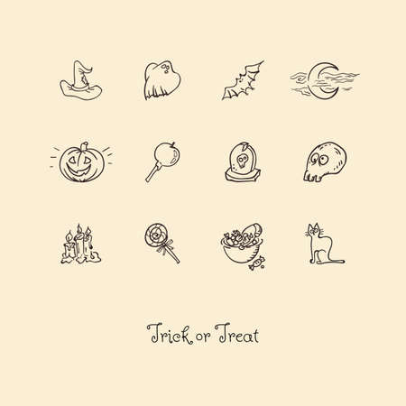 Vector illustration of retro Halloween card with cute symbols of creepy holiday as set of icons for decoration on beige parchment backgroundのイラスト素材