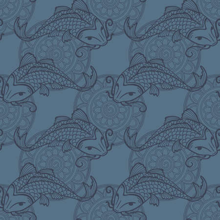 Vector seamless blue pattern with japanese carps koi - symbol of luck, love and independenceのイラスト素材