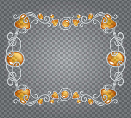 Vector transparent glass and gems decorative metal frame on demonstrative transparent gray grid background - silver horizontal fantasy vignette with amber yellow stones and dropsのイラスト素材