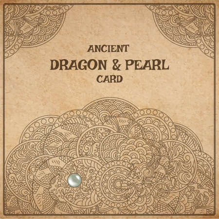 Vector illustration of authentic oriental dragon with pearl ink drawing on parchment paper card backgroundのイラスト素材