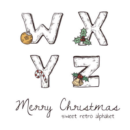 Vector retro christmas alphabet with symbols of holiday isolated in white - w, x, y, zのイラスト素材