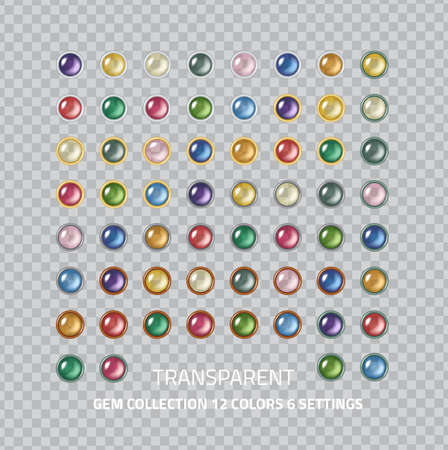 Clear polished gems icons collection - set of 60 transparent round gem and glass buttons, different settings and colors collectionのイラスト素材