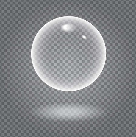 Glow white transparent bubble with light transparent shadow and reflection, shiny sphere upon demonstrative dark gray grid backgroundのイラスト素材