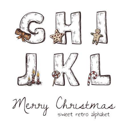 Vector retro christmas alphabet with symbols of holiday isolated in white - g, h, j, k, l, iのイラスト素材