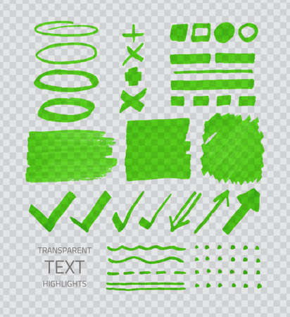Vector collection of green highlighter marker spots and signs, hand drawn decorative symbols, transparent elements on demonstrative gray gridのイラスト素材