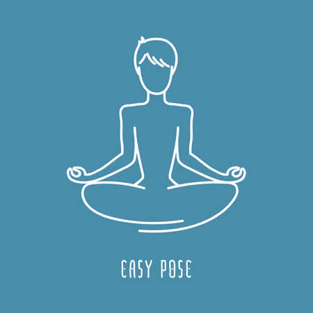 Yoga pose flat line icon, simple sign of man in easy pose, white outline icon isolated on navy blue - vector asana for ajna chakra, design elements for yoga and meditation schoolのイラスト素材