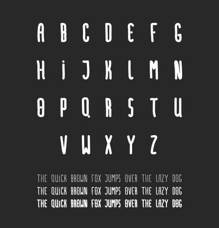 Slim font - hand drawn letters in simple doodle line style, latin abc in bold size style, white signs set isolated on blackのイラスト素材