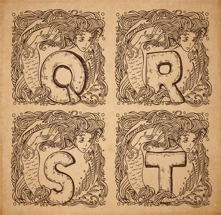 Vintage nautical alphabet - q, r, s, t - uppercase letters on realistic old parchment background, with beautiful mermaid vignette, decorative scrapbooking elementsのイラスト素材