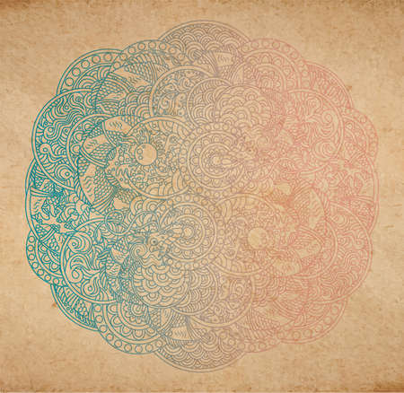 Vector illustration of chinese traditional dragons with pearl ornament - round circle ornate rosette with scale, waves and other ancient asian ornament elements, vintage old paper texture and faded gradient colorsのイラスト素材