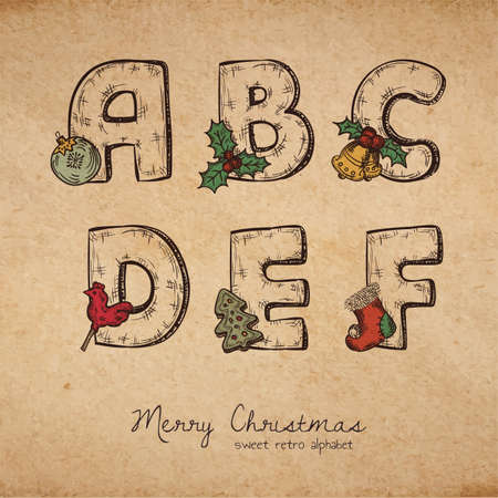 Retro christmas alphabet - a, b, c, d, e, f - vintahe letters on realistic old parchment background, with symbols of holiday, decorative artistic elementsのイラスト素材