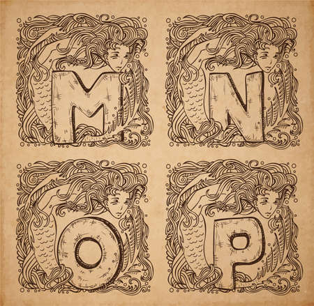 Vintage nautical alphabet - m, n, o, p - uppercase letters on realistic old parchment background, with beautiful mermaid vignette, decorative scrapbooking elementsのイラスト素材