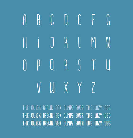 Slim font - hand drawn letters in simple doodle line style, latin abc in thin size style, white signs set isolated on blueのイラスト素材