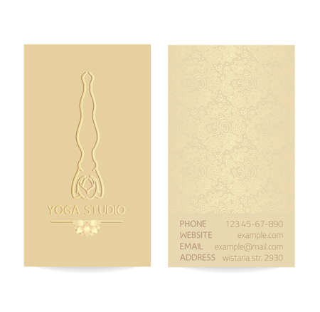 Yoga themed vertical business card template - gold silk print of front and back sides - woman silhouette in yoga pose, lotus and paisley ornament with copy spaceのイラスト素材