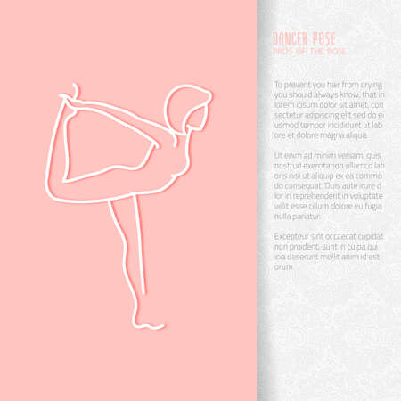 Yoga pose flat line icon, vector design of advertising booklet mockup - woman in dancer pose, white outline logo with side shadow, ornate folded paper brochure with paisley pattern and copy space for yoga and meditation spa school or centerのイラスト素材