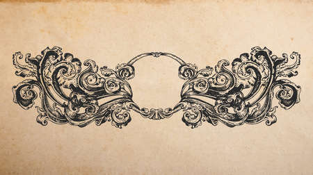 Vintage old paper texture with Renaissance ancient vignette ornament, hand drawn swirls decoration in old engraving style, copy space emblemのイラスト素材