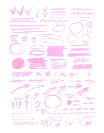 Vector bulk collection of transparent highlighter marks, pink marks isolated on whiteのイラスト素材