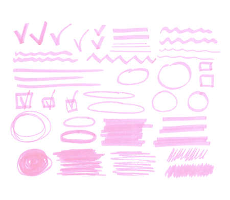 Vector bulk collection of one color transparent highlighter marks, gentle pink isolated on whiteのイラスト素材