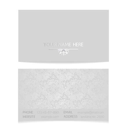Vector silver horizontal business card template - gray silk print of front and back sides - lotus and paisley ornament with copy spaceのイラスト素材
