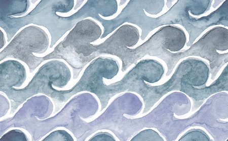 Vector watercolour seamless background with calm gray sea hand drawn waves
