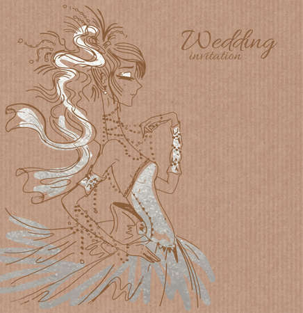 Vector wedding invitation template, hand drawn beautiful bride in gorgeous silver dress on brown paper backgroundのイラスト素材