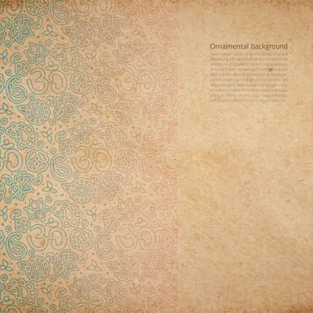 Vintage old paper texture with vector OM sign ornament, hand drawn decorative background with faded out border paintのイラスト素材