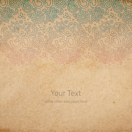 Vintage old paper texture with vector OM sign ornament, hand drawn decorative background with faded out border paintのイラスト素材