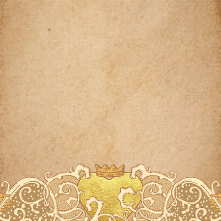 Vintage vector wedding stationery background with medieval ornament, golden metallic paint heart and Cluddah irish hands on old parchmentのイラスト素材