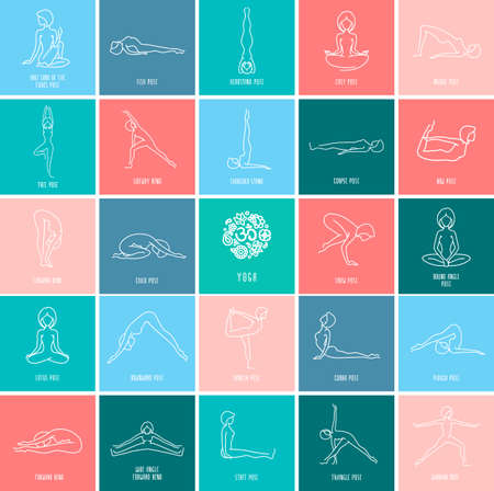 Yoga pose flat line icons set, simple signs of people in popular asanas, white outline logo isolated on color backgrounds - vector design elementsのイラスト素材
