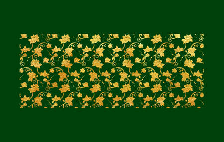 Vector illustration of gold foil ornamental background with roses on green. Non Seamless pattern!のイラスト素材