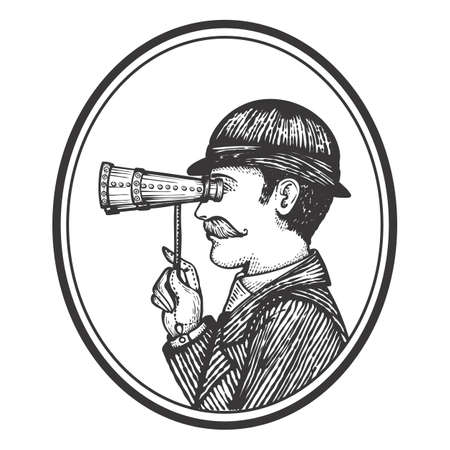 Vector illustration of engraved Victoria gentleman - searching for information concept as a vintage man in oval frame looking through binocularsのイラスト素材