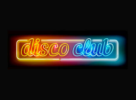 Vector disco club sign - neon lamps made in letter shapes, retro style advertising in yellow, orange and blue colors isolated on black - transparent lights and lamps.のイラスト素材