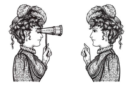 Vector illustration of vintage engraved women - person pointing with index finger, showing something to person looking through binoculars with high attention - hand drawn clipartのイラスト素材