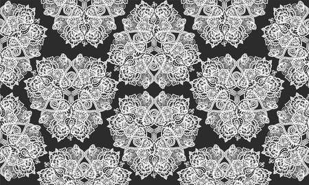 Vector seamless pattern of triangle mandalas - ethnic floral circle ornament with paisley and lotusesのイラスト素材
