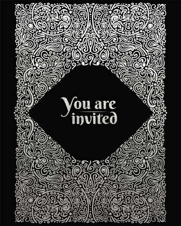 Ornate oriental invitation card, silver foil ornament on and black, vector illustration.のイラスト素材