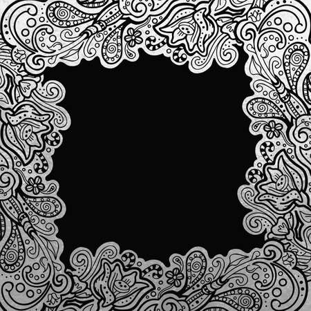 Vector illustration of floral abstract frame with copy space, square ornament vignette cut out in silver foil on black background.のイラスト素材