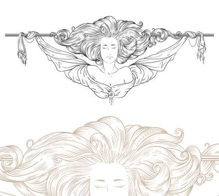 Detailed art-nouveau decorative divider as vintage engraved angel woman, with close up fragmentのイラスト素材