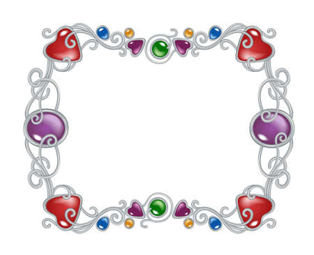 Vector illustration of gemstones and silver frame in fantasy style, for cards, decoration and wedding, isolated on whiteのイラスト素材