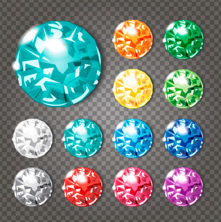 Crystals icons set of 12 colors - precious jewelry stones collection upon demonstrative gray grid, transparent shadowsのイラスト素材