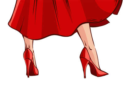 Vector illustration in mid century comics style - legs of pin-up woman in red dress and high heels shoes standing isolated on white background.のイラスト素材